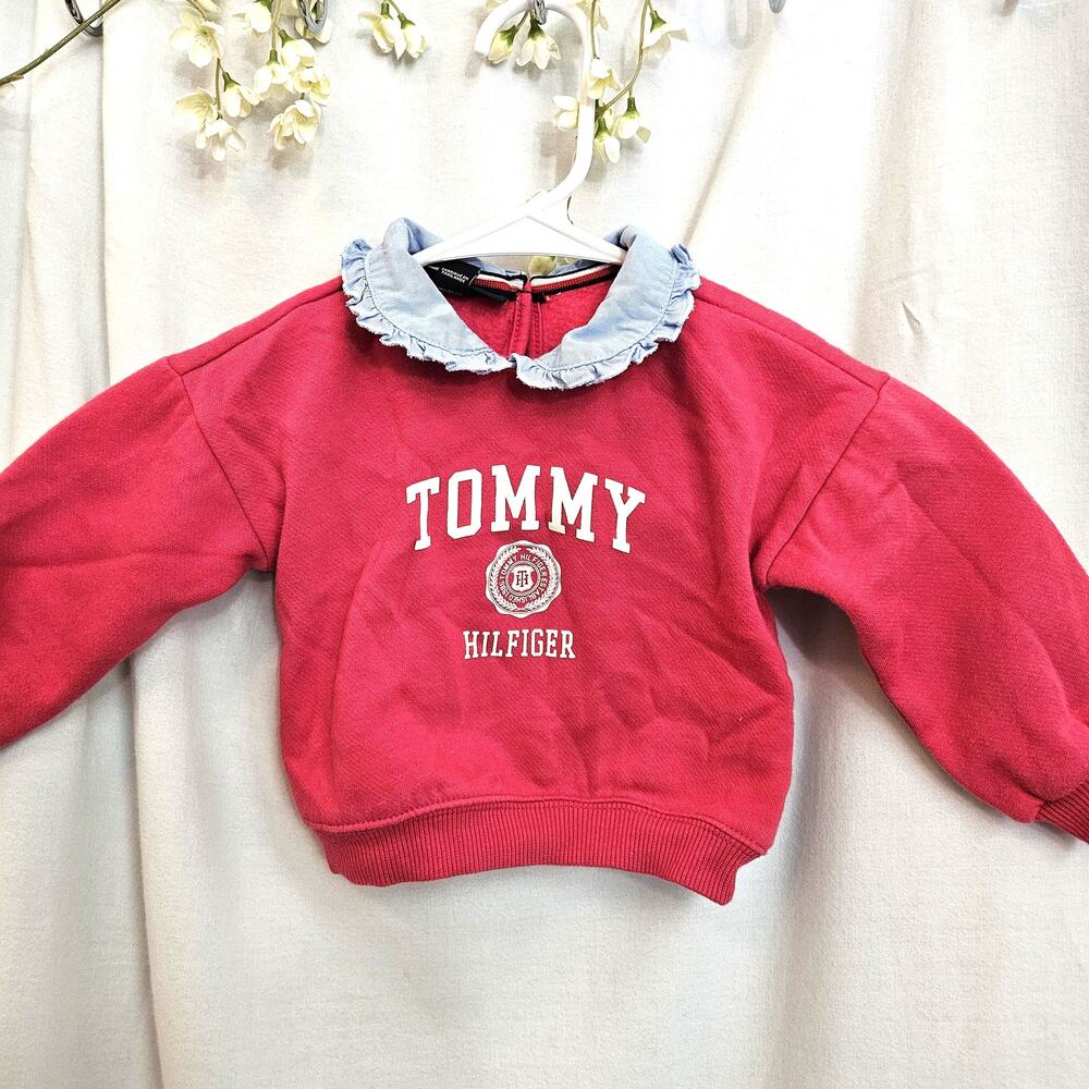 Tommy Hilfiger Baby Girls 12M Red Sweatshirt Chambray Peter Pan Collar
